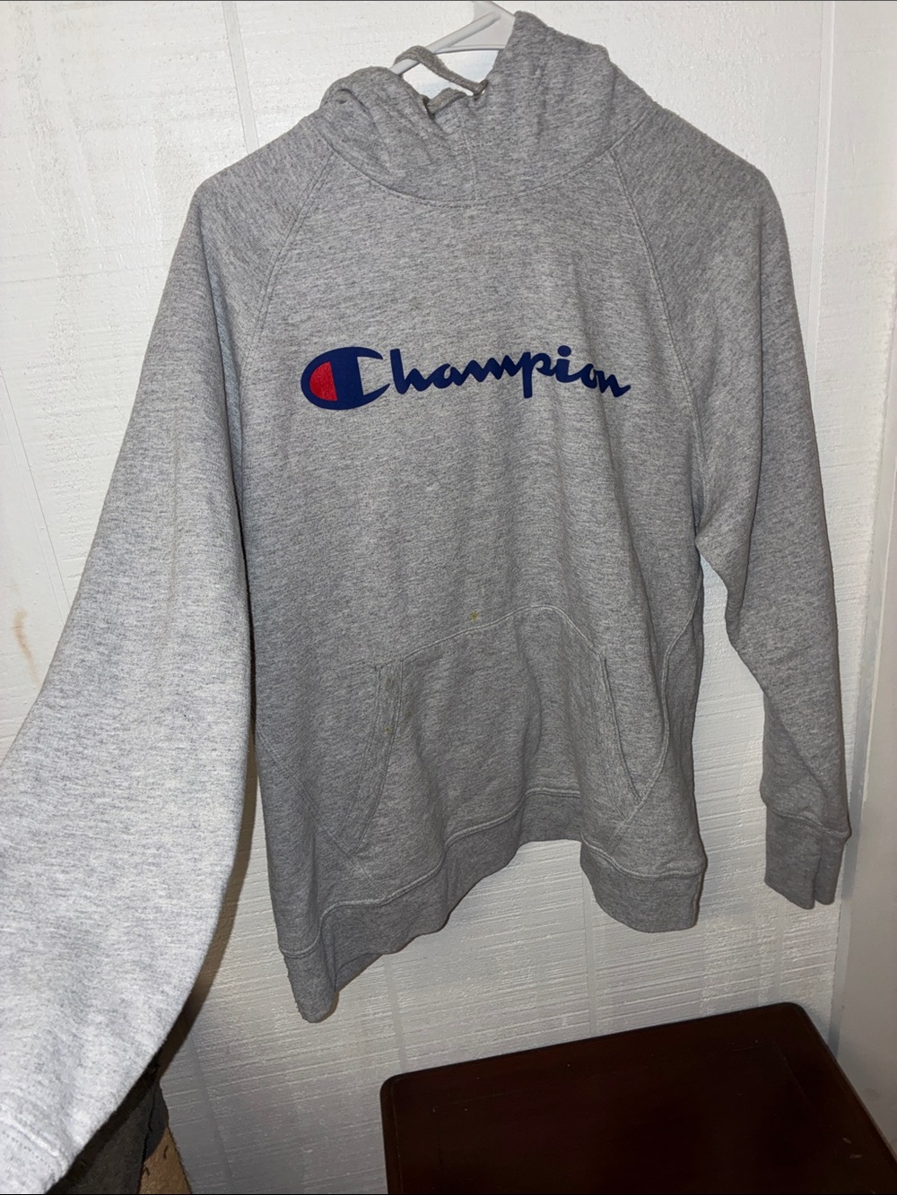 Champion Heather Gray Hoodie with Navy & Red Logo
